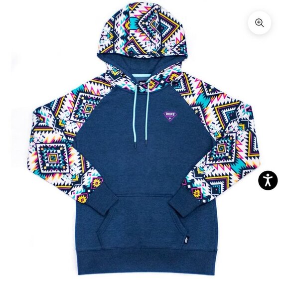 Hooey Blue and Multicolor Geometric Women's Hoodie. ☆ Fits Like EXTRA LARGE - Picture 1 of 11